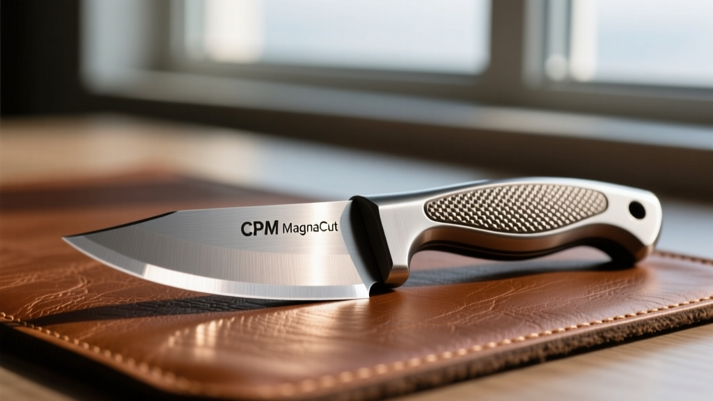 Close-up of CPM MagnaCut steel blade edge reflecting light next to a titanium handle with jimping details on a leather mat