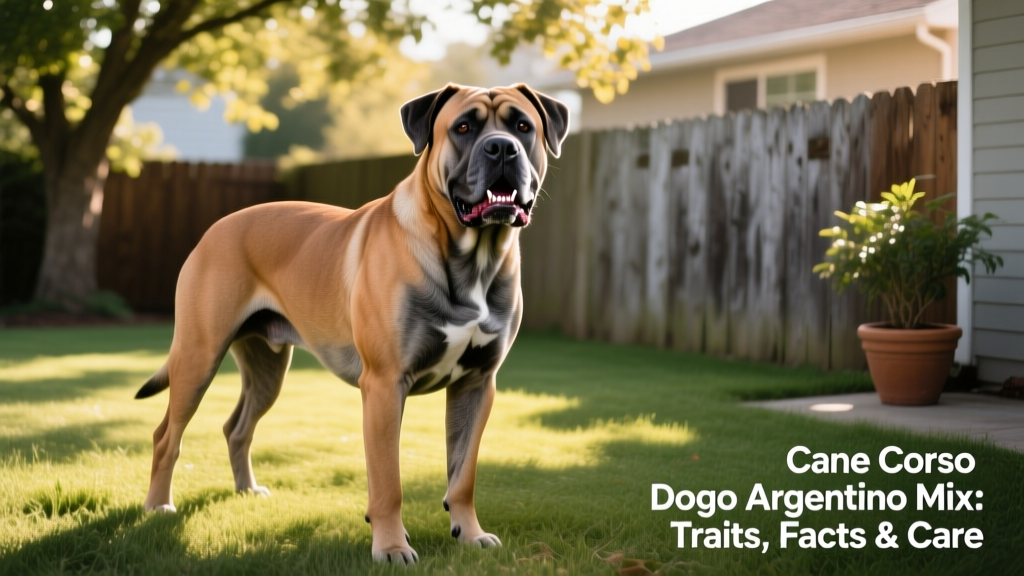 A confident, muscular Corso Dogo mix standing alert in a sunlit backyard