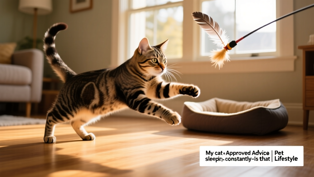 A cat playing with a feather wand toy during an active play session