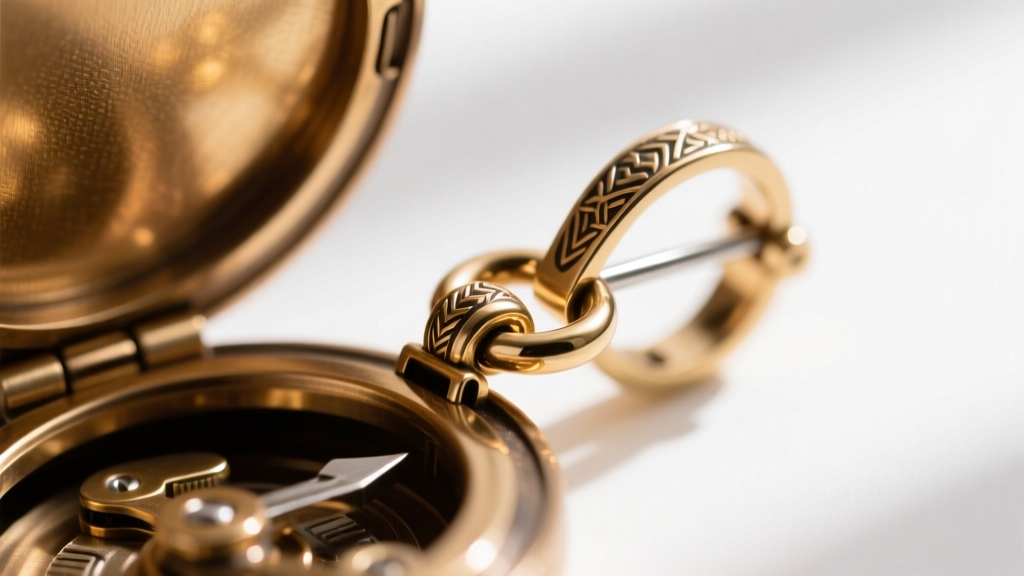 Extreme close-up of a brass locket earring hinge and clasp mechanism, showing the tiny interlocking metal knuckles and steel pin.