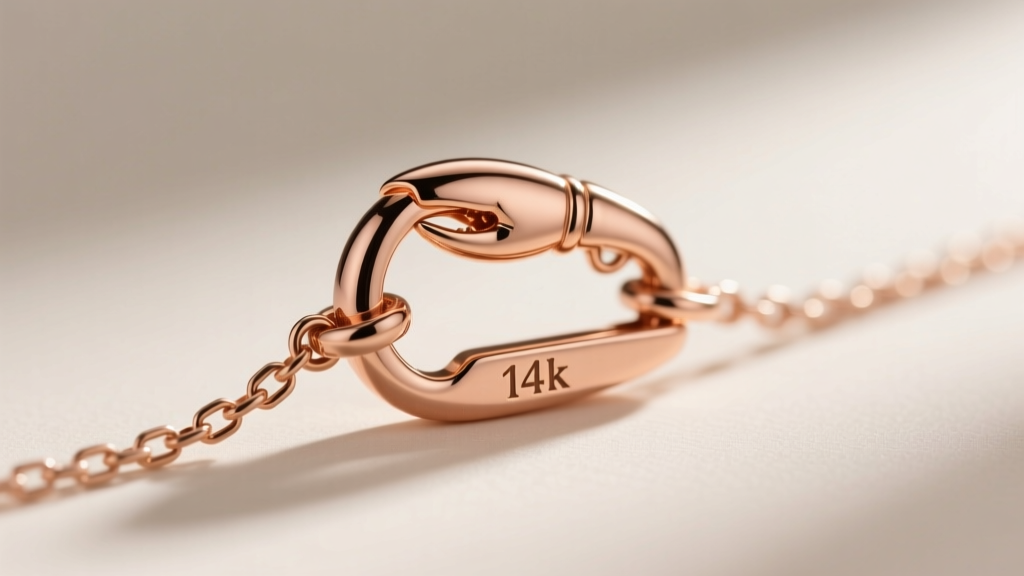 Macro shot of a 14k rose gold lobster clasp on a fine box chain, highlighting the soldered jump ring and clear 14k hallmark