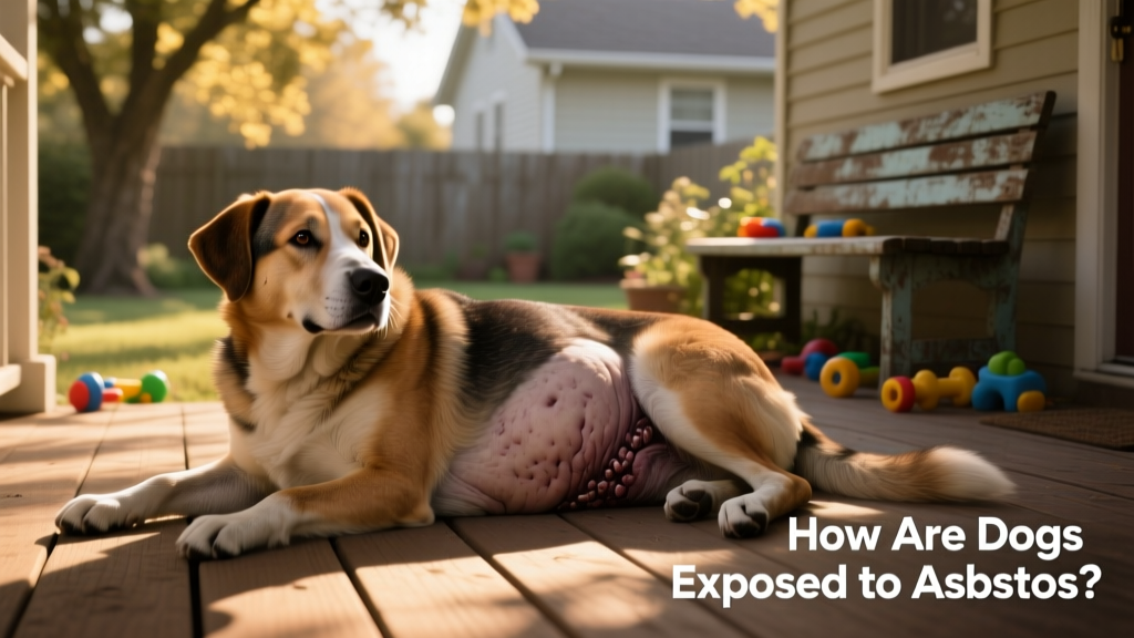 Dog with visibly swollen abdomen, illustrating a common clinical sign of advanced mesothelioma or other abdominal disease