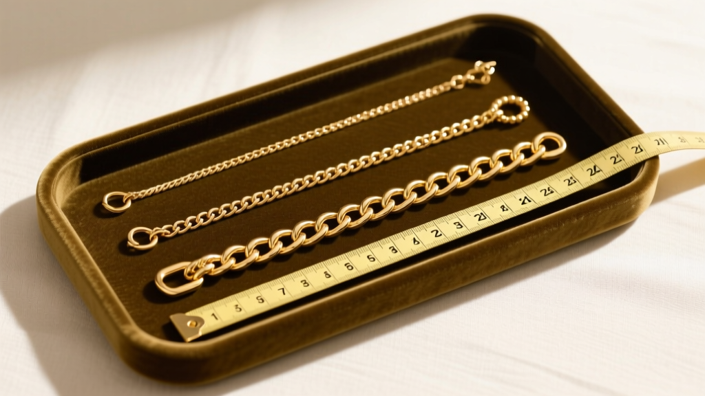 Flat-lay of a velvet tray showing five gold chains from 14 to 24 inches, measured with a brass tailor tape under soft lighting