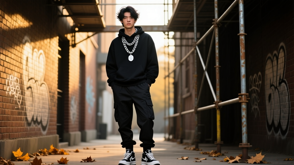 Man layering an 18-inch silver pendant necklace with a thicker 22-inch oxidized steel chain in a moody streetwear editorial style