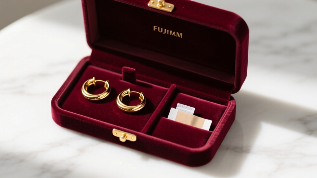 Overhead view of an open velvet-lined jewelry box containing separated gold hoop earrings and small anti-tarnish strips inside.
