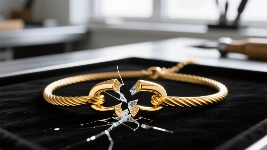 Macro photography of a broken 14k gold cable necklace link under a jeweler's loupe, showing the clean shear point on a workbench.