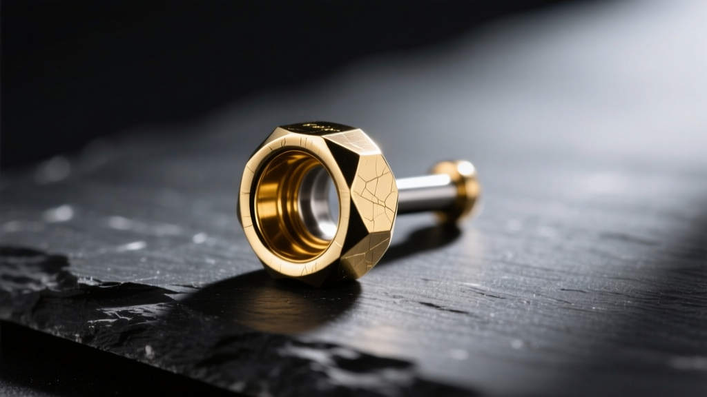 Macro photography of an ASTM F136 implant-grade titanium labret stud with a PVD gold finish, resting on a black slate surface.