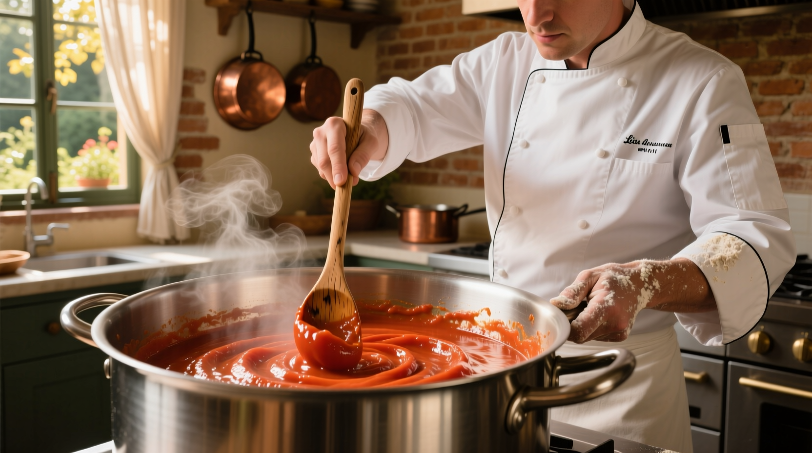 Chef stirring smooth tomato pulp in stainless steel pot