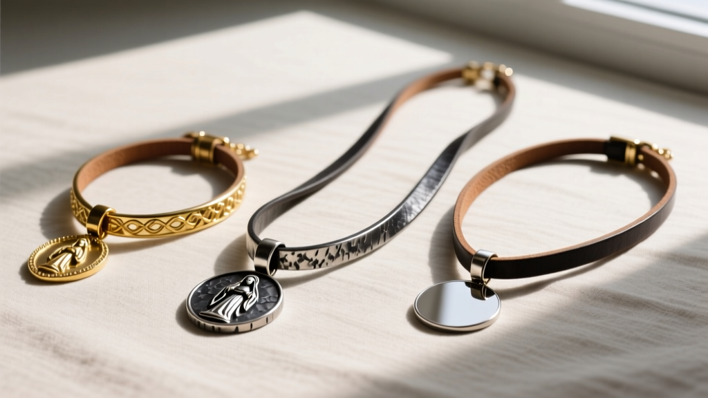 Flat lay of three San Judas leather necklaces in varying lengths, showing gold vermeil, oxidized silver, and polished steel medal.