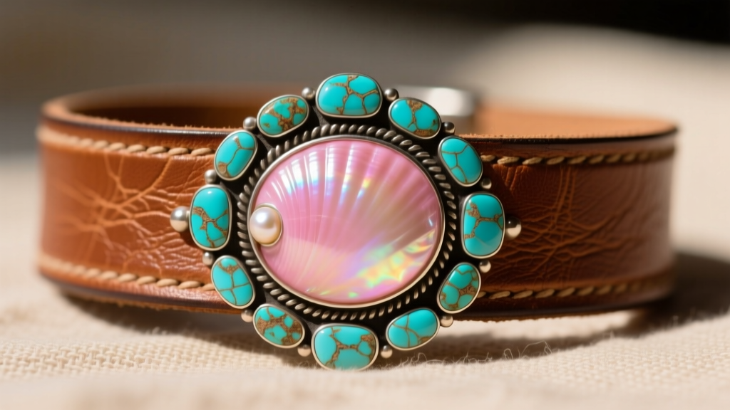 Close-up of a handcrafted leather cuff bracelet featuring a polished pink conch shell cabochon surrounded by raw turquoise gems.