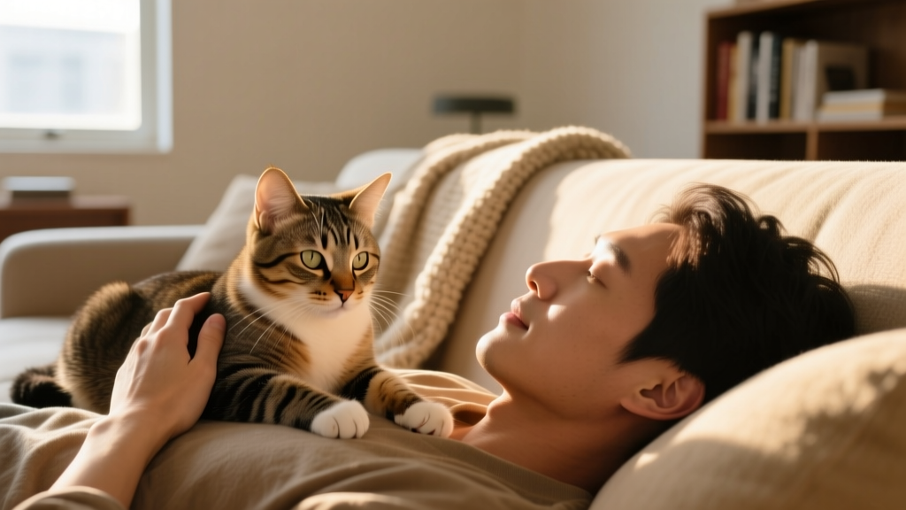 A calm, attentive cat sitting beside a person resting on a sofa