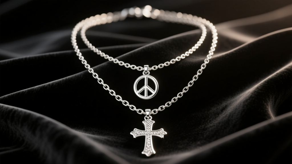 Layered sterling silver necklaces with peace sign and cross pendants on dark velvet fabric under soft warm studio lighting setup