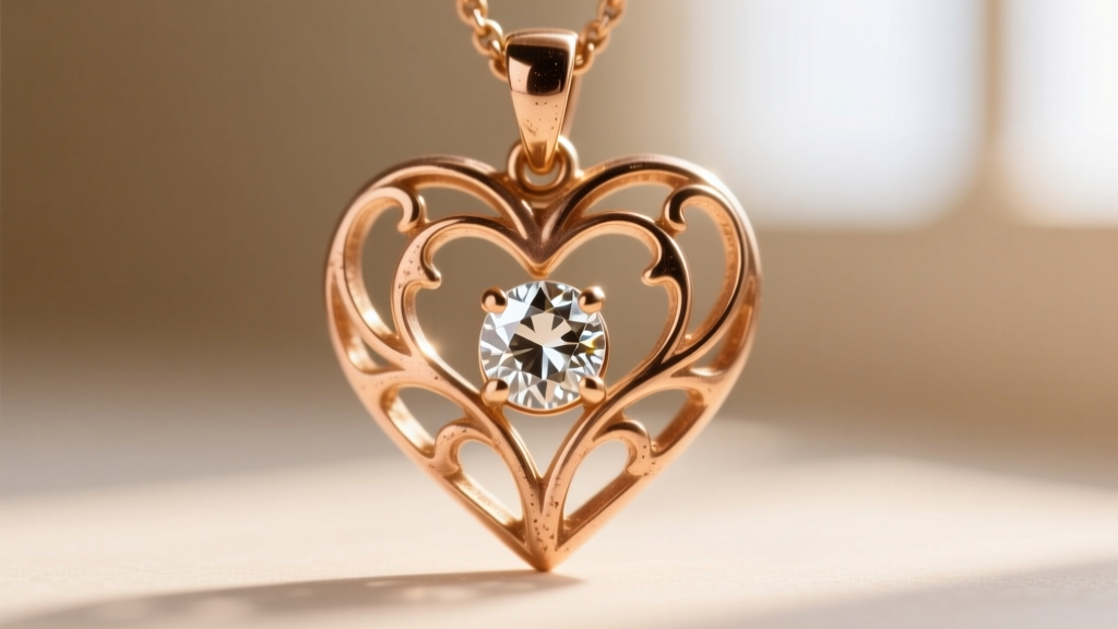 A macro shot of a 14k rose gold Art Nouveau vintage heart pendant featuring a bezel-set old mine cut diamond in natural sunlight.
