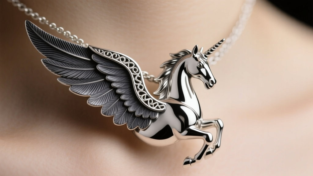 Close-up of sterling silver pegasus necklace showing oxidized recesses in wing feathers and polished finish on the horse body.