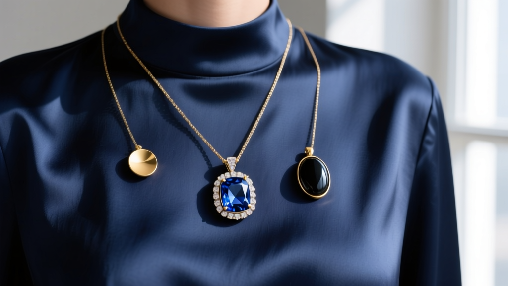 Broadcast-appropriate pendants including a bezel-set sapphire, small gold disc, and onyx cabochon on a navy silk blouse.