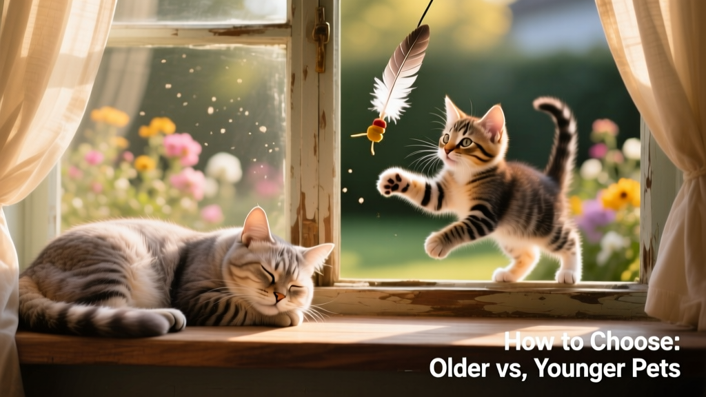 Side-by-side photo of a calm senior cat napping on a windowsill and a playful kitten batting at a feather toy