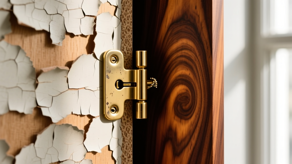 Macro shot comparing peeling paper veneer on MDF next to premium solid walnut wood grain near a brass jewelry cabinet hinge.