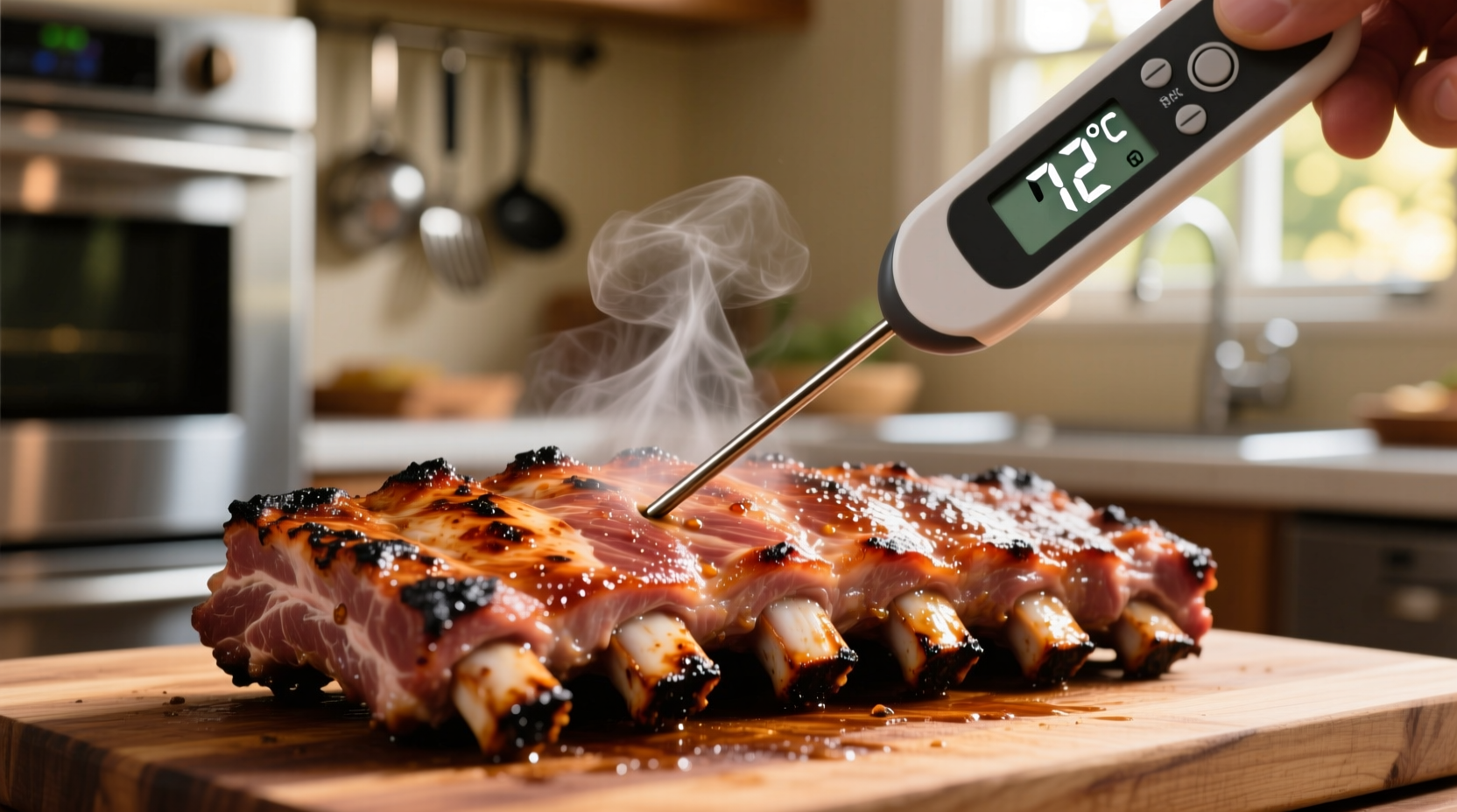 Thermometer measuring pork rib internal temperature