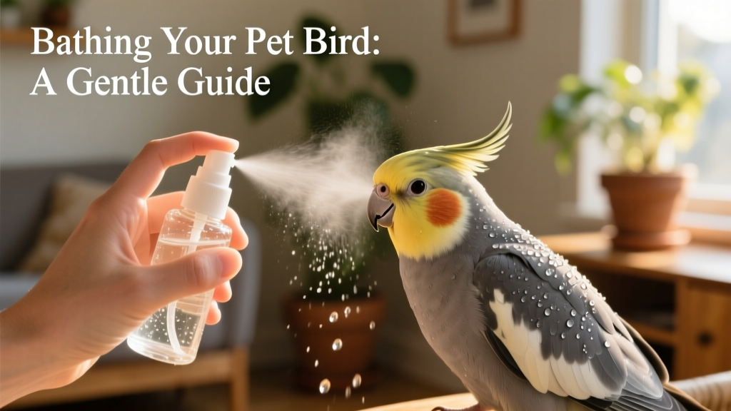 A hand holding a fine-mist spray bottle gently misting water over a calm grey parrot's back