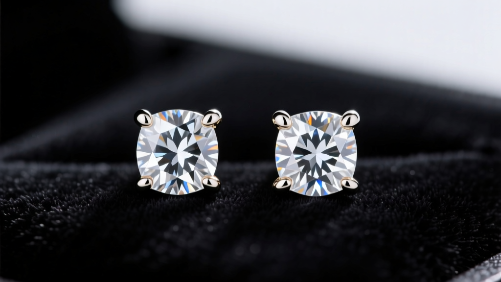 Macro shot of 1 carat total weight princess cut diamond stud earrings in a four-prong white gold basket setting on black velvet