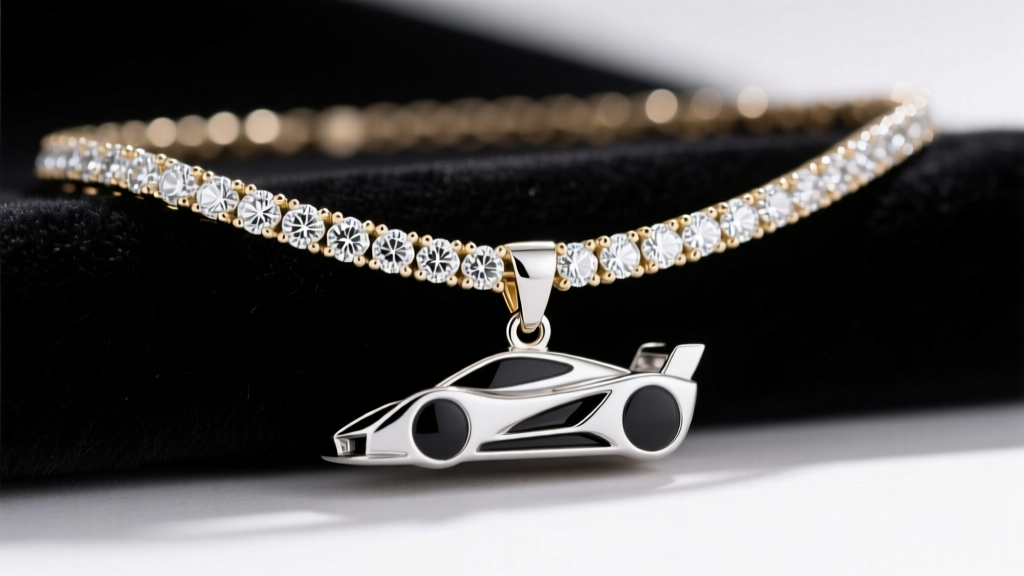 Close-up of a 14k white gold diamond tennis necklace with a custom sports pendant on dark velvet under bright studio lighting.