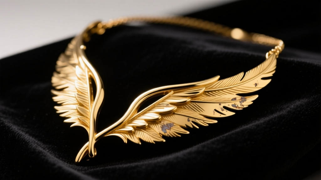 A gold wing necklace on dark velvet, showing worn plating on the delicate feather edges under soft directional studio lighting