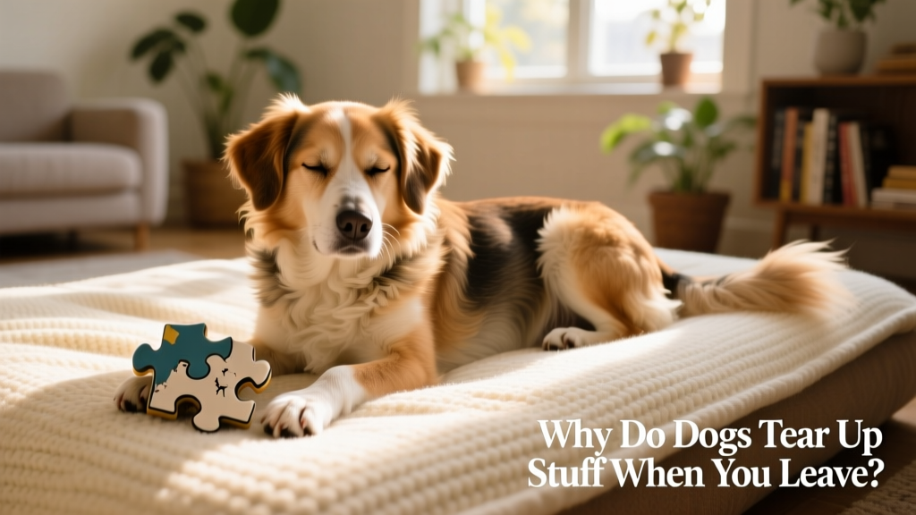 A calm, relaxed dog resting on a cozy bed with a puzzle toy nearby, bathed in soft natural light