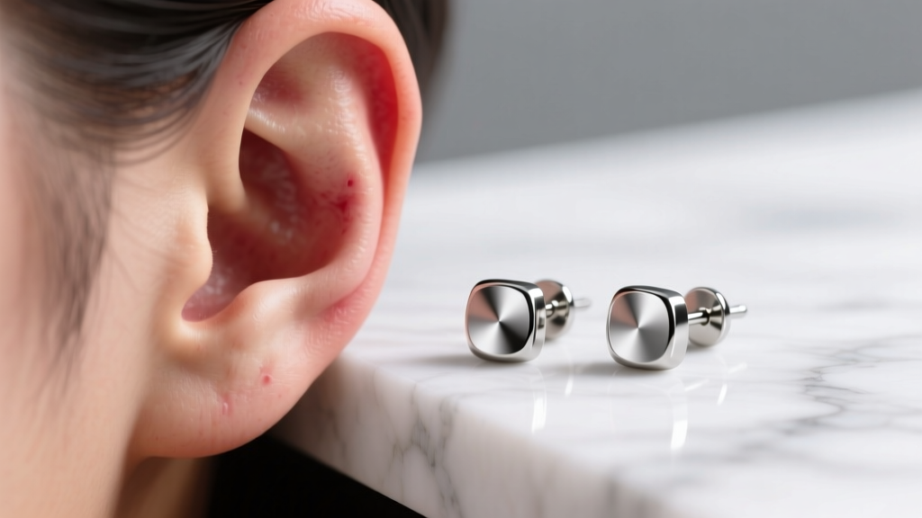 Close-up of an irritated earlobe next to polished implant-grade titanium stud earrings resting on a clean white marble surface.