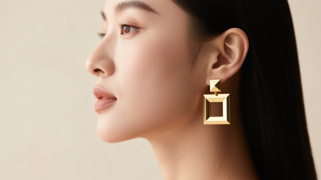 Side profile of a woman with a round face wearing 25mm gold square dangle earrings that elegantly elongate and frame her jawline.