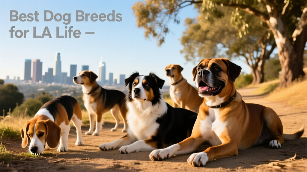 A diverse group of medium-sized dogs—a Beagle, Australian Shepherd, and Boxer—enjoying a shaded trail in Runyon Canyon with the LA skyline visible in the distance