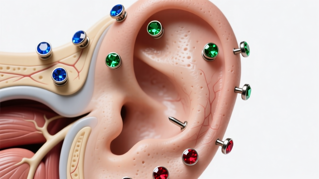 Anatomical ear diagram showing 16-gauge titanium flat back labret studs in helix and conch piercings with glowing gemstone tops.