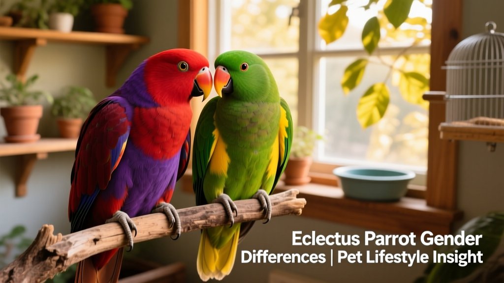 Eclectus pair—one male and one female—perched side by side, calmly preening each other’s feathers