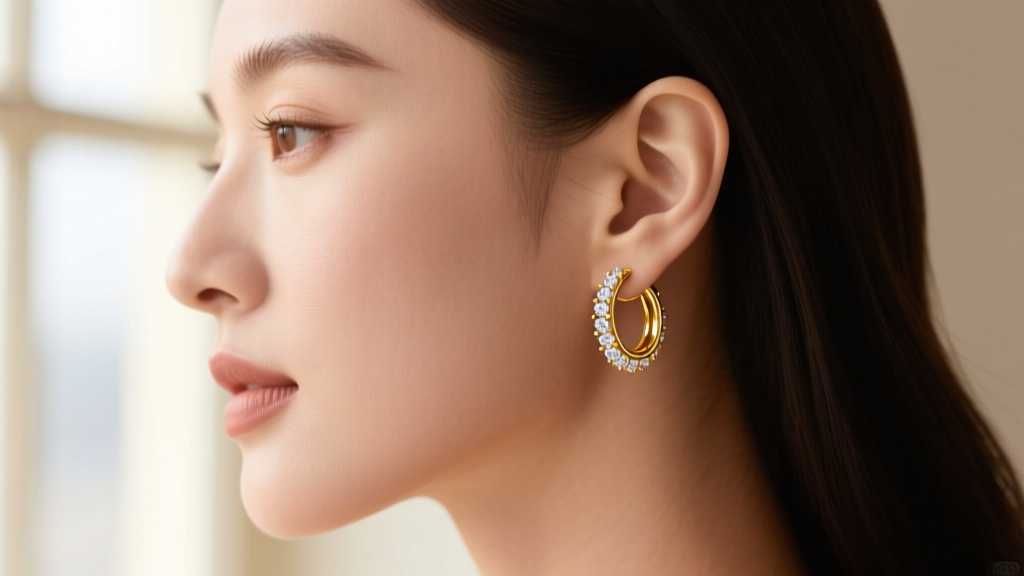 Side profile of a woman wearing 18k yellow gold bezel-set huggies diamond earrings, highlighting the snug and secure earlobe fit