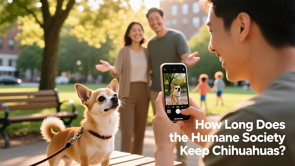 A person smiling while taking a photo of their Chihuahua during a friendly meet-and-greet with a potential adopter in a park