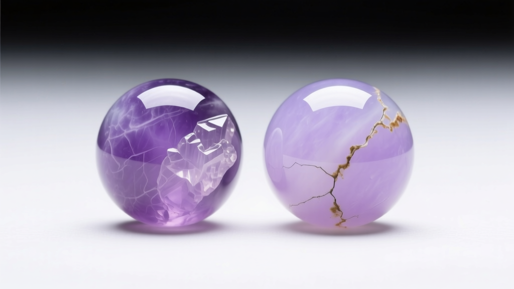 Macro comparison of natural Type A lavender jadeite beads next to heavily bleached and polymer-impregnated Type B jade beads