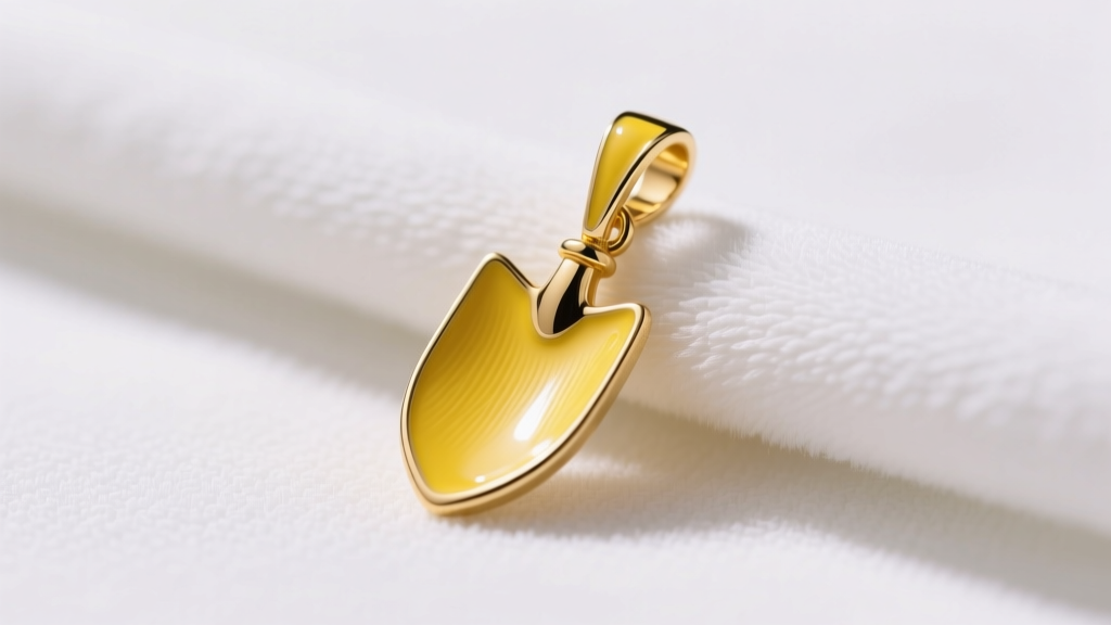 Close-up of a gold-plated yellow enamel spade pendant resting on a soft white microfiber cloth under bright studio lighting.