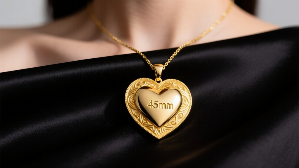 Close-up of a model wearing a chunky 18k yellow gold heart pendant measuring 45mm across, resting on black silk, soft lighting.