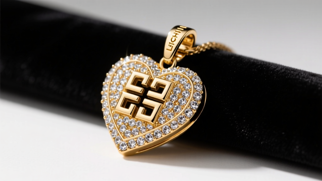 Gold Givenchy heart pendant on black velvet, showing crystal paving and a branded lobster clasp under soft studio lighting.