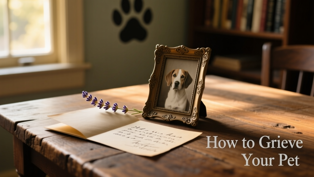 A handwritten letter placed beside a small framed photo and a single flower on a wooden table