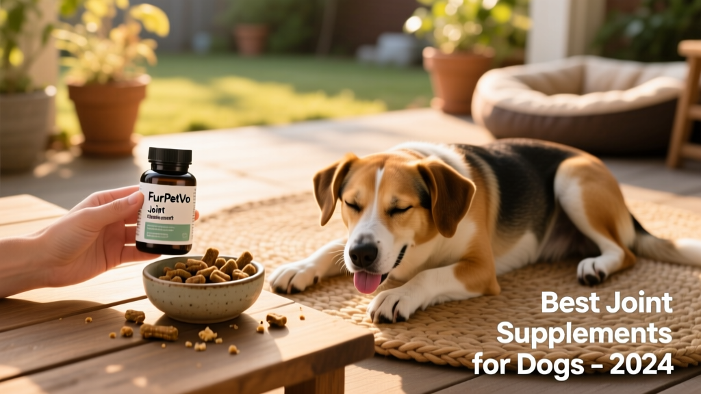 Hand holding a FurPetVo joint supplement bottle next to a bowl of chews and a relaxed, smiling dog resting nearby