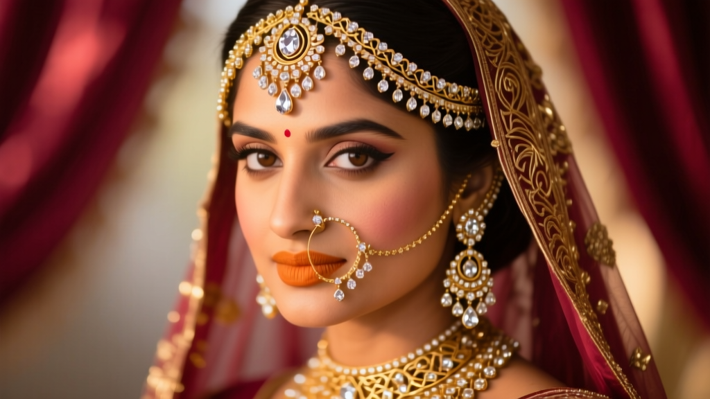 Close-up of an Indian bride wearing a gold and uncut diamond Maang Tikka and Matha Patti, soft warm lighting, highly detailed.