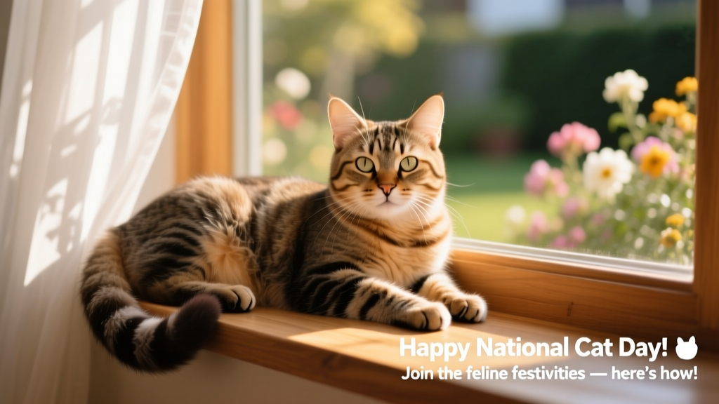 A joyful cat lounging on a sunlit windowsill, tail curled, gazing softly at the camera