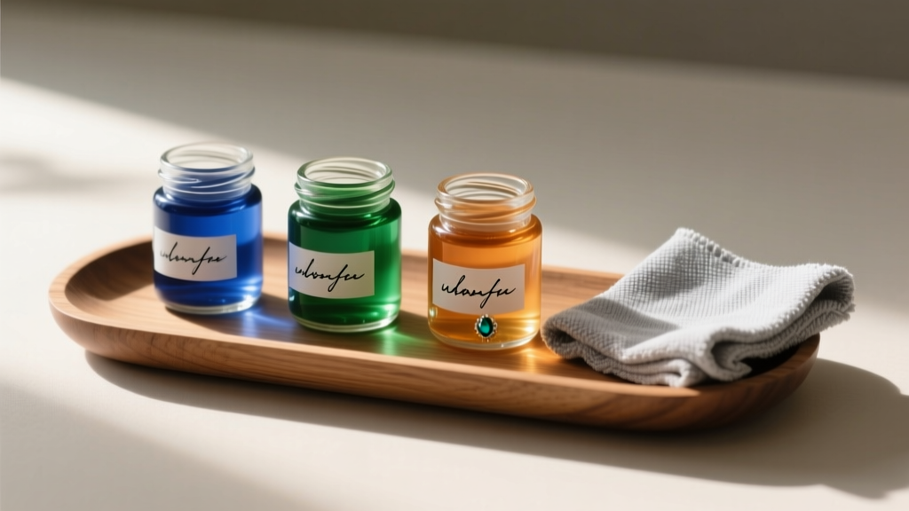 Wooden tray with three small glass jars of homemade jewelry cleaning liquids beside a folded soft microfiber polishing cloth.