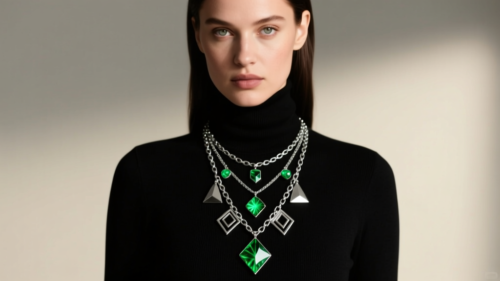 Model wearing a layered kryptonite necklace with a 20-inch stainless steel chain over a black turtleneck sweater in soft light.