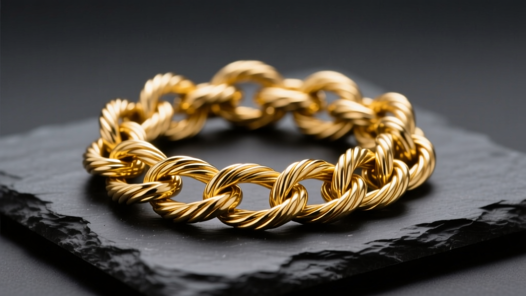 Macro shot of a severely tangled 14k yellow gold cable chain resting on dark slate, illuminated by soft directional studio lighting