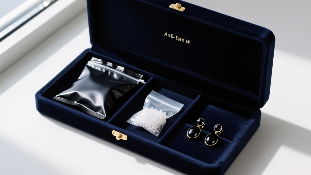Flat lay of anti-tarnish bags, silica gel, and black onyx stud earrings stored safely inside a dark velvet-lined jewelry box