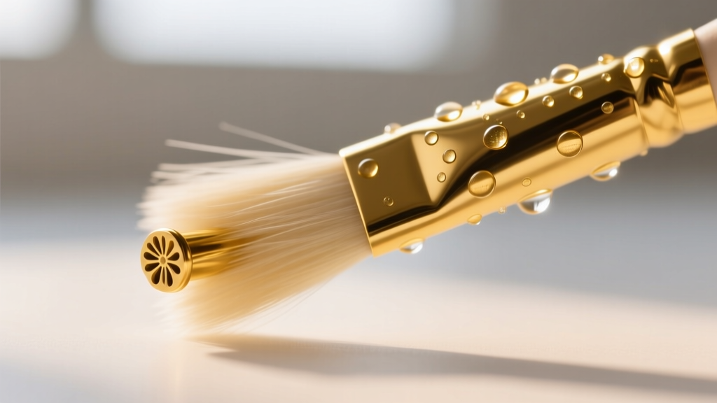 Macro shot of a soft brush gently cleaning a 14k gold threadless flower end, with sterile saline droplets resting on the metal.