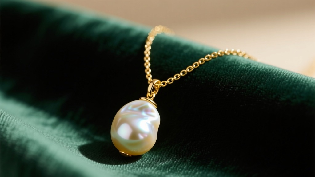 Close-up of a 14k gold pearl necklace extender chain with a baroque freshwater pearl drop, resting on dark green silk fabric.