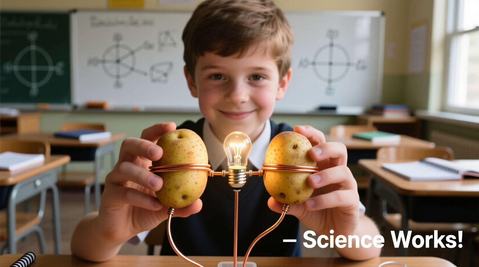 Student successfully lighting LED with potato battery experiment