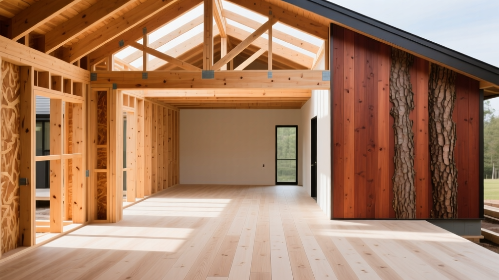 Cross-section of a modern home under construction showing Douglas fir framing, cedar siding, and white oak interior flooring materials laid out